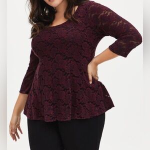 New York Company All Lace Top Pullover Round neck Tunic Dark Wine 3/4 sleeve L